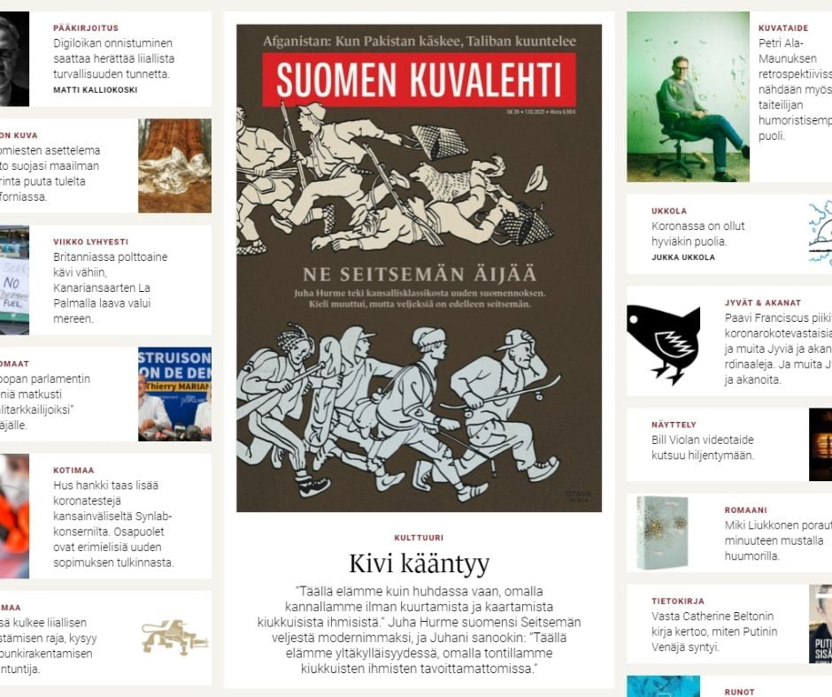 Kuva kaappaus Suomen Kuvalehden artikkeleita, joista aimaterin Ilona-koneääni lukee joka viikko muutaman kuunneltavaan muotoon.